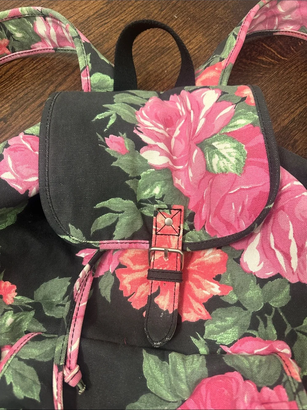 Aeropostale Black Floral Canvas Backpack with Pink Roses